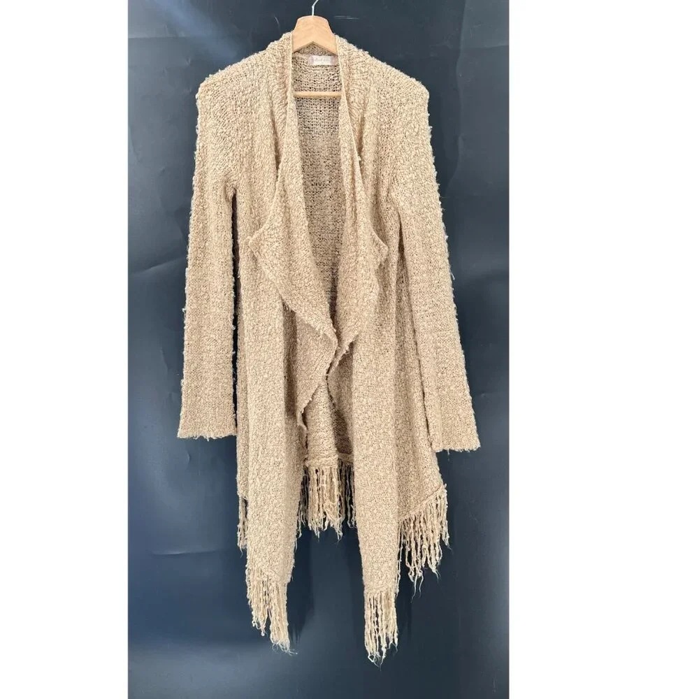Altar'd State boucle knit fringe cardigan sweater tan‎ boho cozy long length M